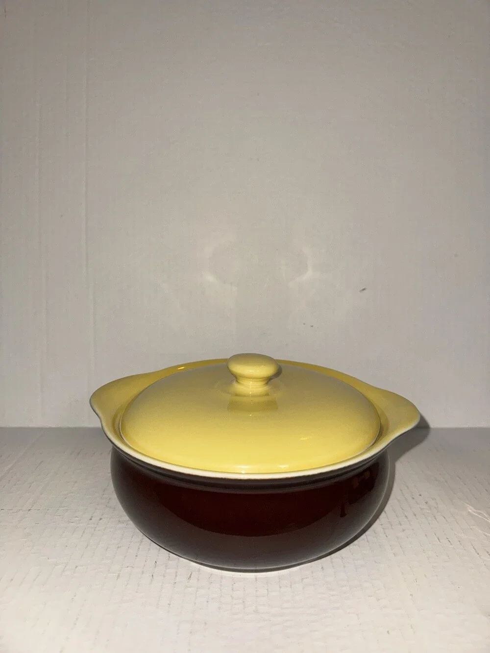 Vintage Hall China Covered Casserole Dish Brown Yellow Ceramic 8” MCM